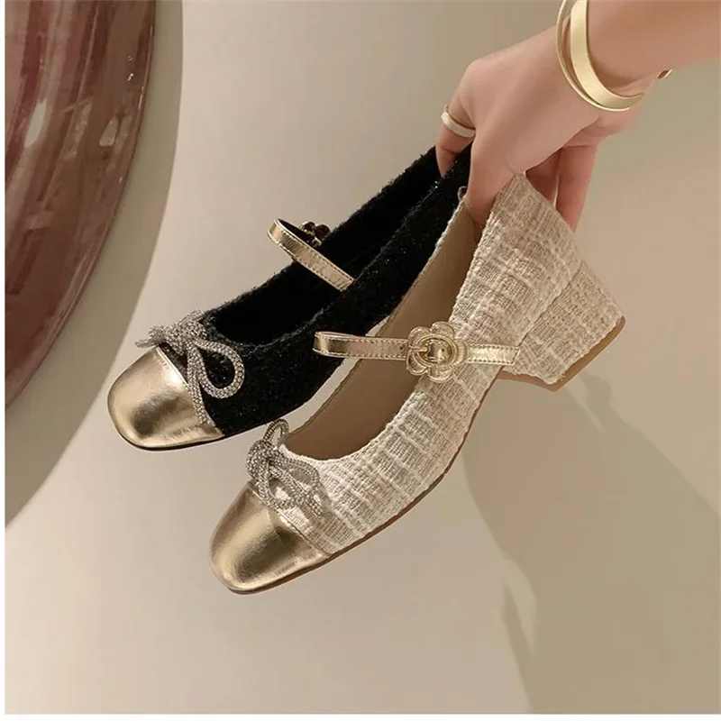 White Sequin Fabric Women Single Shoes Bowknot Ladies Pumps Rhinestone Tacones Para Mujer Round Toe Sapatos Feminino Spring 2024