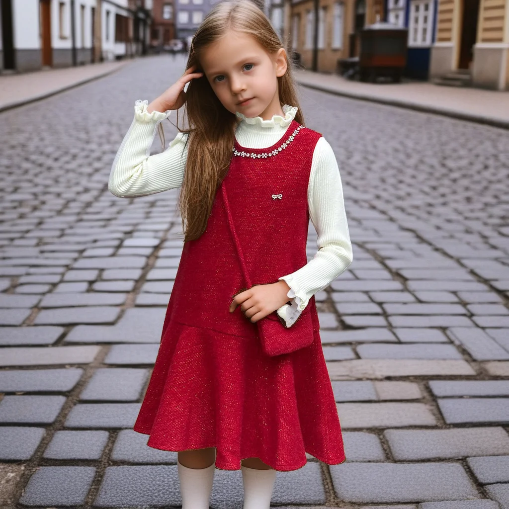 

Girls Princess Dress Set Red Lace Trimmed Knit Sweater Pinafore Dress 2-Piece Christmas & New Year Party Teenage Kids Outfits