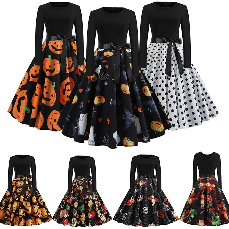 

Halloween Women Cosplay Costume Props Fancy Pumpkin Girl Dress Long Sleeve Princess Dresses Festival Dress Up Party Vintage Robe