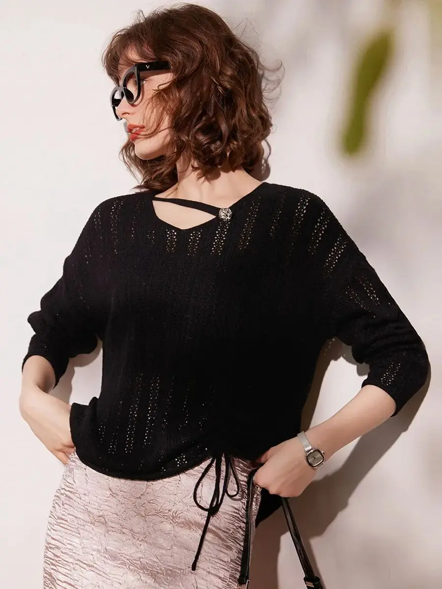 LOUIS YAO Women Knitwear 2024 Spring New Loose Fit Casual Fashionable Elegant Drawstring Round Neck Long Sleeve Women's Top