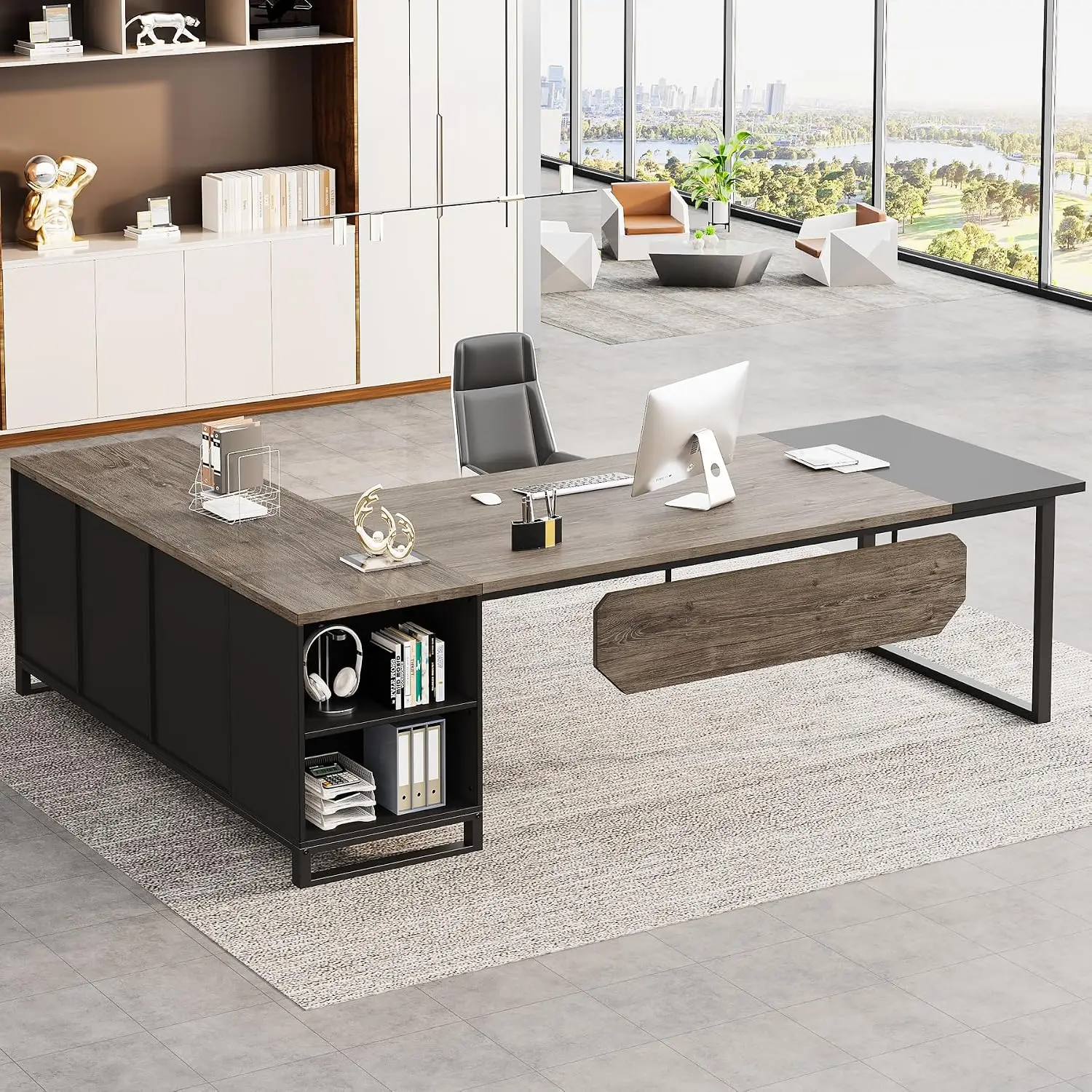 L Shaped Desk with File Cabinet & Shelves, Industrial Computer Desk for Home Office, 70.8 Inch, Gray & Black, Customized