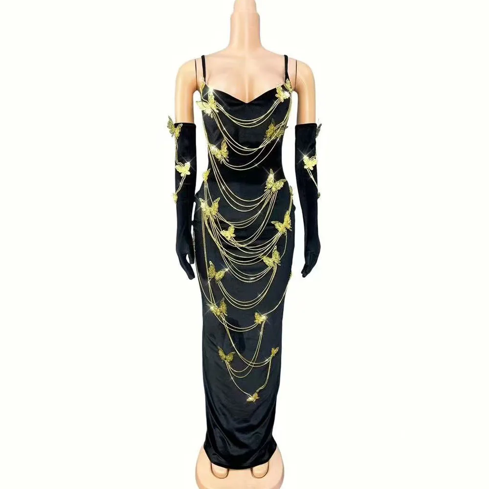 

Women Sexy High-grade Shining Gold Metal Butterflies Suspenders Black Velvet Dress Evening Party Gown Red carpet Show Stage Wear