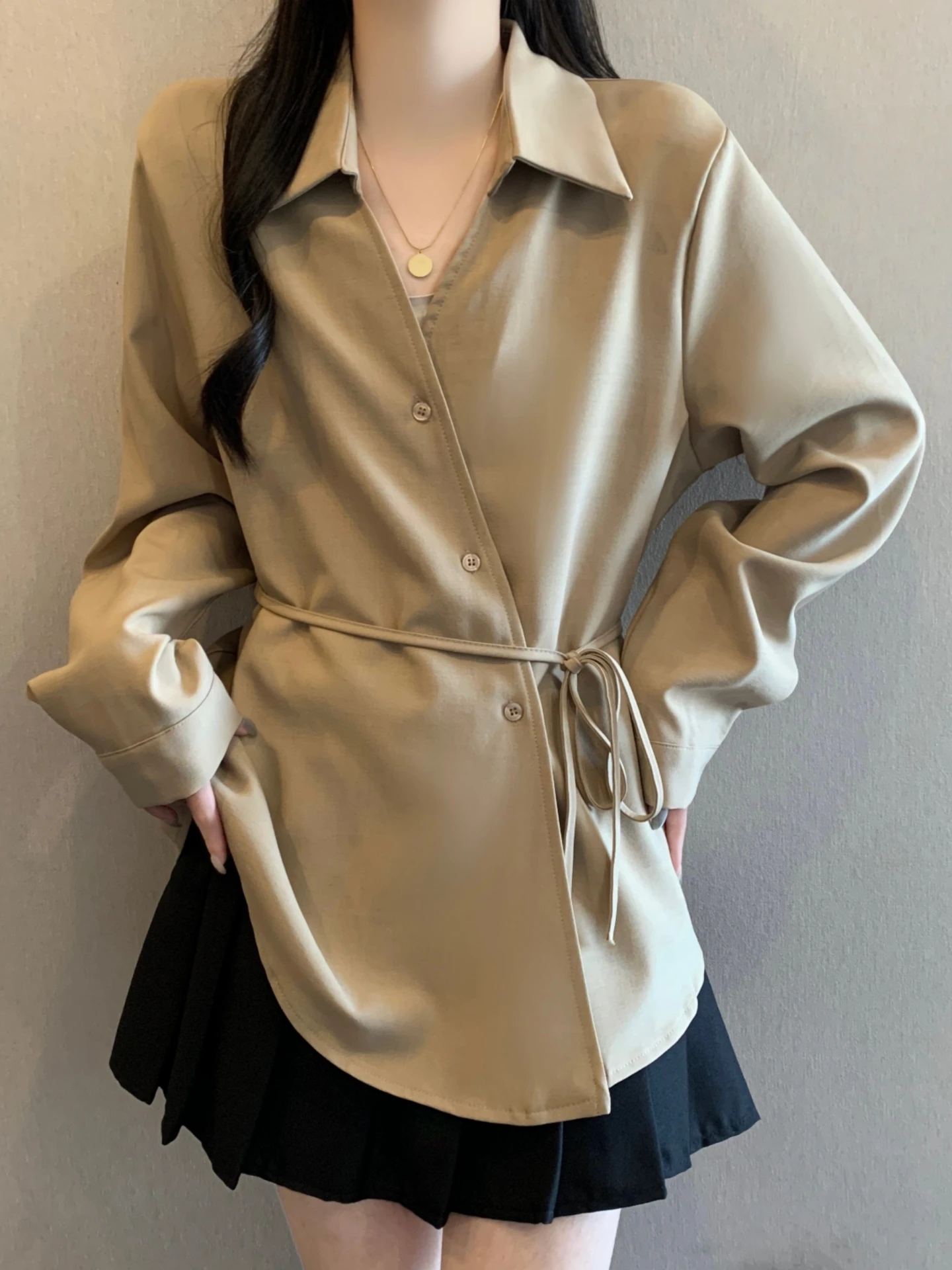 

Elegant V-Neck Long Sleeve Base Shirt Women's Spring Autumn plus Size Slimming High Waist Belted Cover up Top