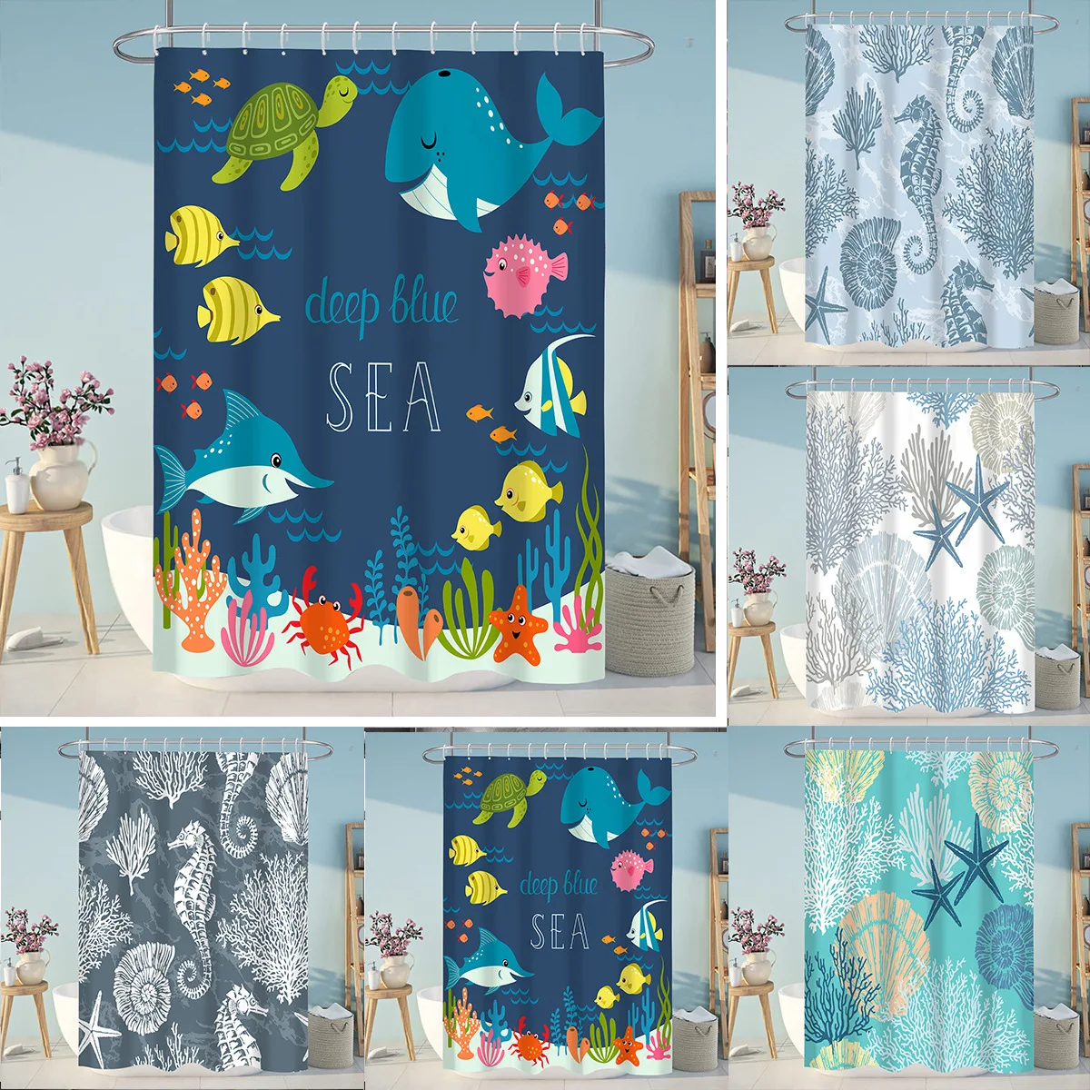 Ocean Underwater World Shower Curtain Starfish Seahorse Bathroom  Home Decor Bath Screen Waterproof Polyester with Hooks