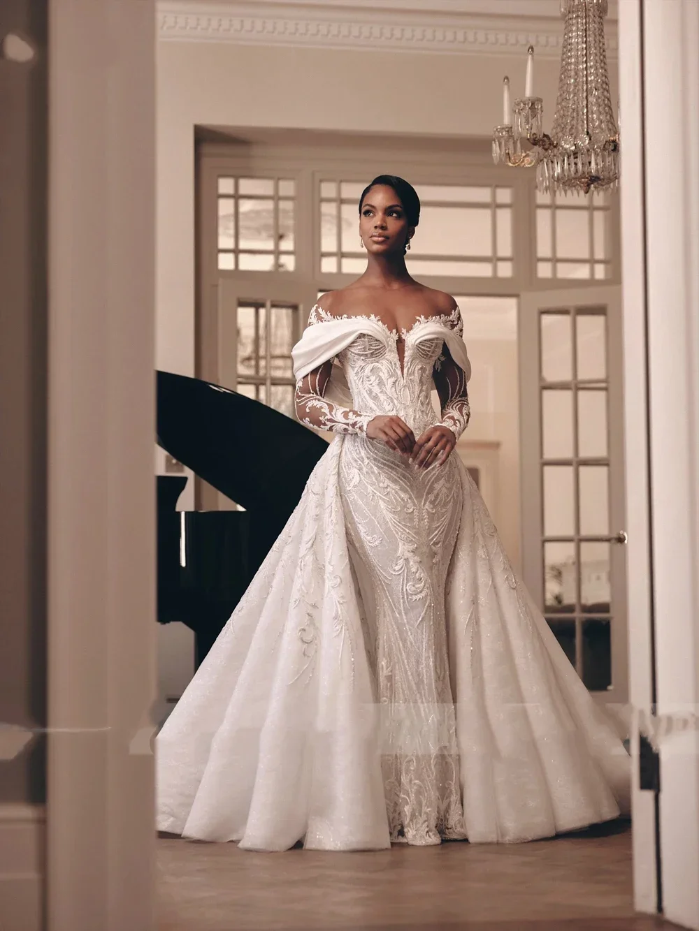 Personnalisé exquise dentelle 2 en 1 robe de mariée sirène perles broderie Illusion cou trompette robes de mariée Vestido de novia