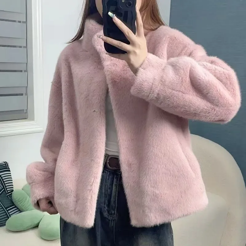 Women Fashion Stand Collar Mink Fur Top Female Long Sleeves Fox Jacket Autumn and Winter Lady Short Leather Fur Outwear