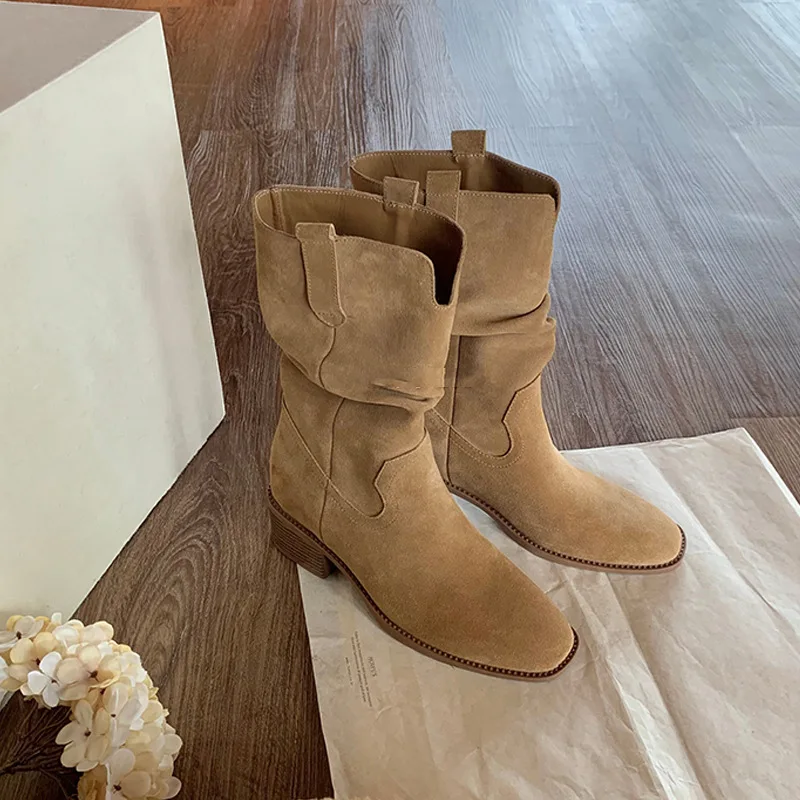 

Retro Women's Shoes Exquisite Suede Western Cowboy Boots for Woman Fashion Square Head Mid Calf Boots Designer Shoes Botas Mujer