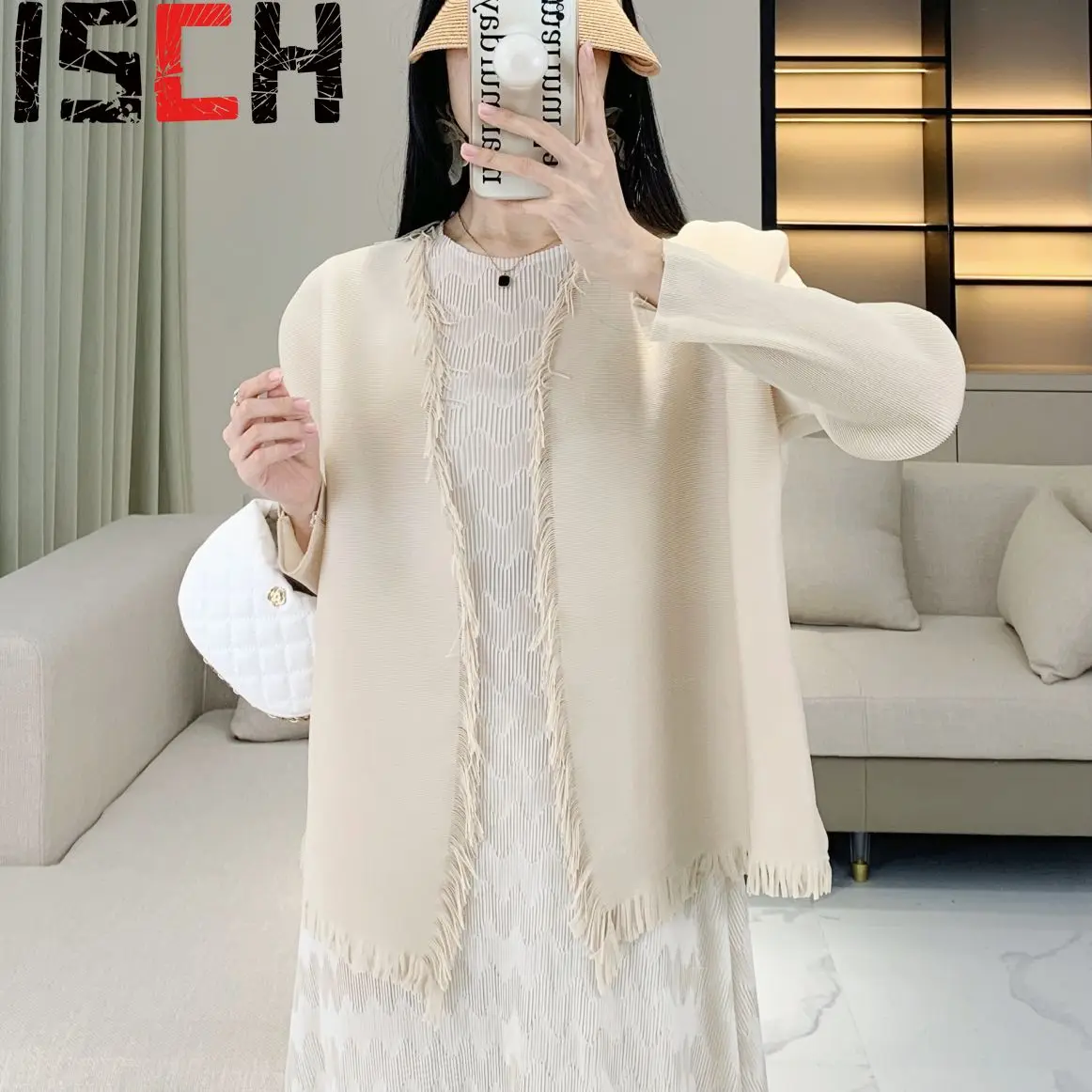 

Pleats Pleated Tops Women Spring Fall New High-end Tassel Pleated Long-sleeved Cardigan Short Jacket Without Buttons Outer Cloak