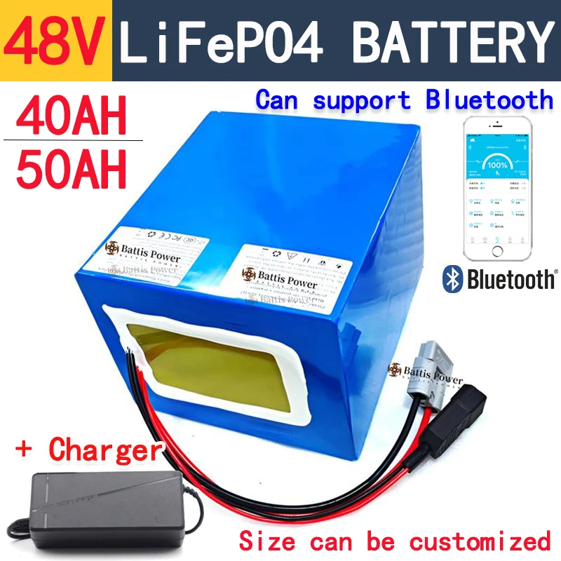 48V 50Ah Lifepo4 48v 40AH lithium battery Bluetooth BMS APP 16S for 2000w Scooter bike tricycle boat go cart +5A charger