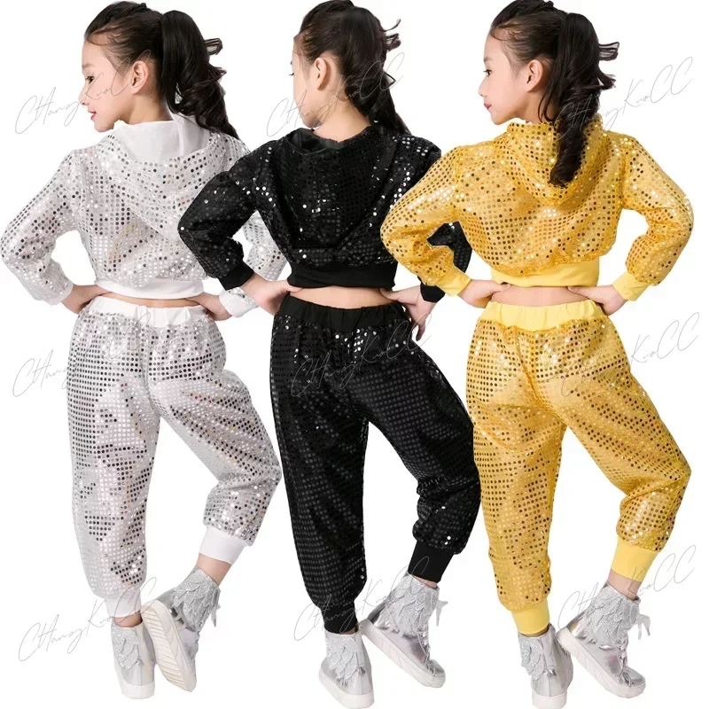 Disfraz de baile de Jazz con lentejuelas para niño y niña, traje moderno de animadora, Hip Hop, Top corto y pantalón, ropa de actuación