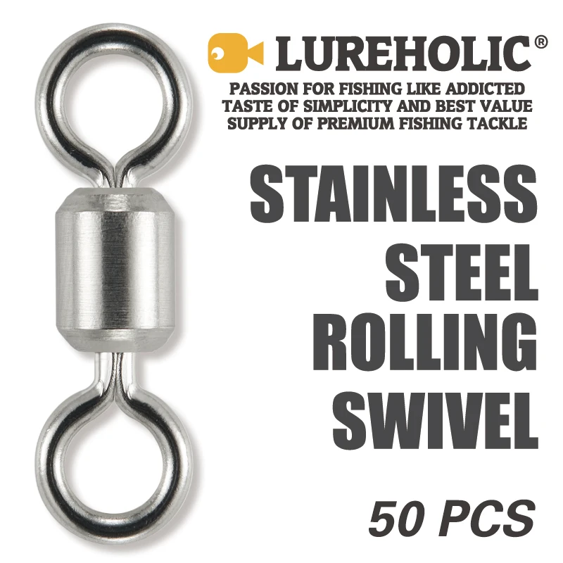 

LUREHOLIC 50pcs SS304 Rolling Swivel Stainless Steel Super Strong Exceptional Capacity of Bearing 8 Shape Connect Lure Fishing