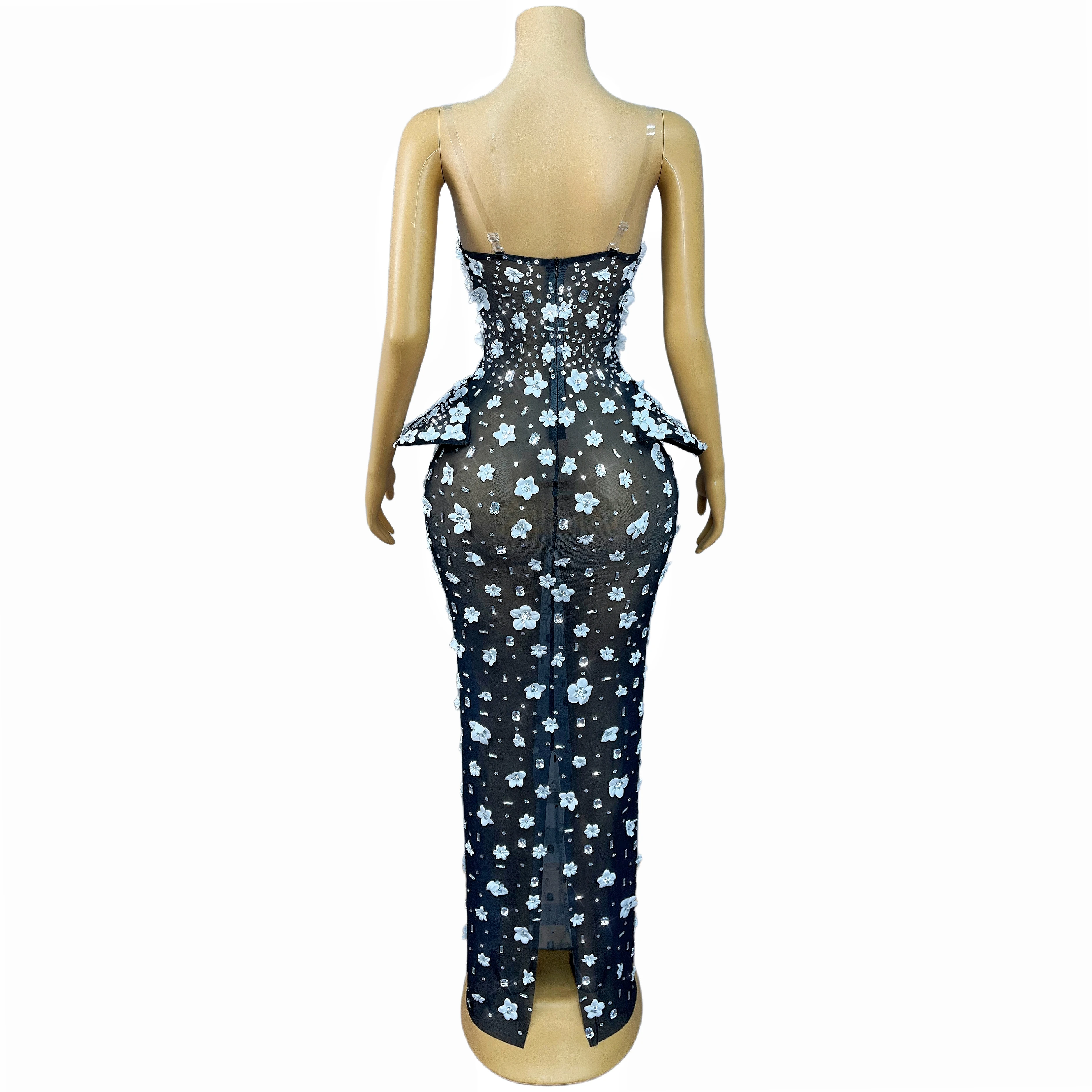 Flashing Rhinestones White Petals Elegant Gown Sexy Transparent Mesh Dress Evening Party Gown Red carpet Show Outfit Bailianhua view 3