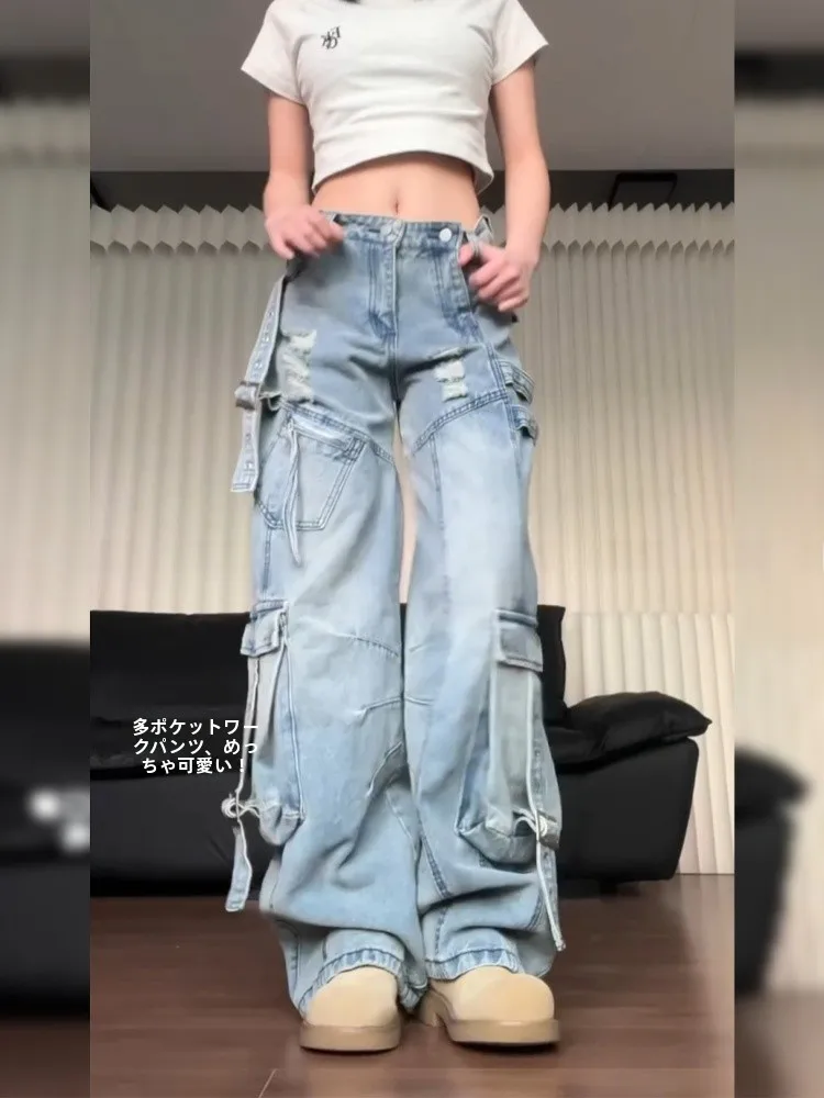 Retro American Washed Vibe Multi-Pocket Work Pants Women's Spicy Design Long Dragging Jeans High Waist Wide Leg Pure Color