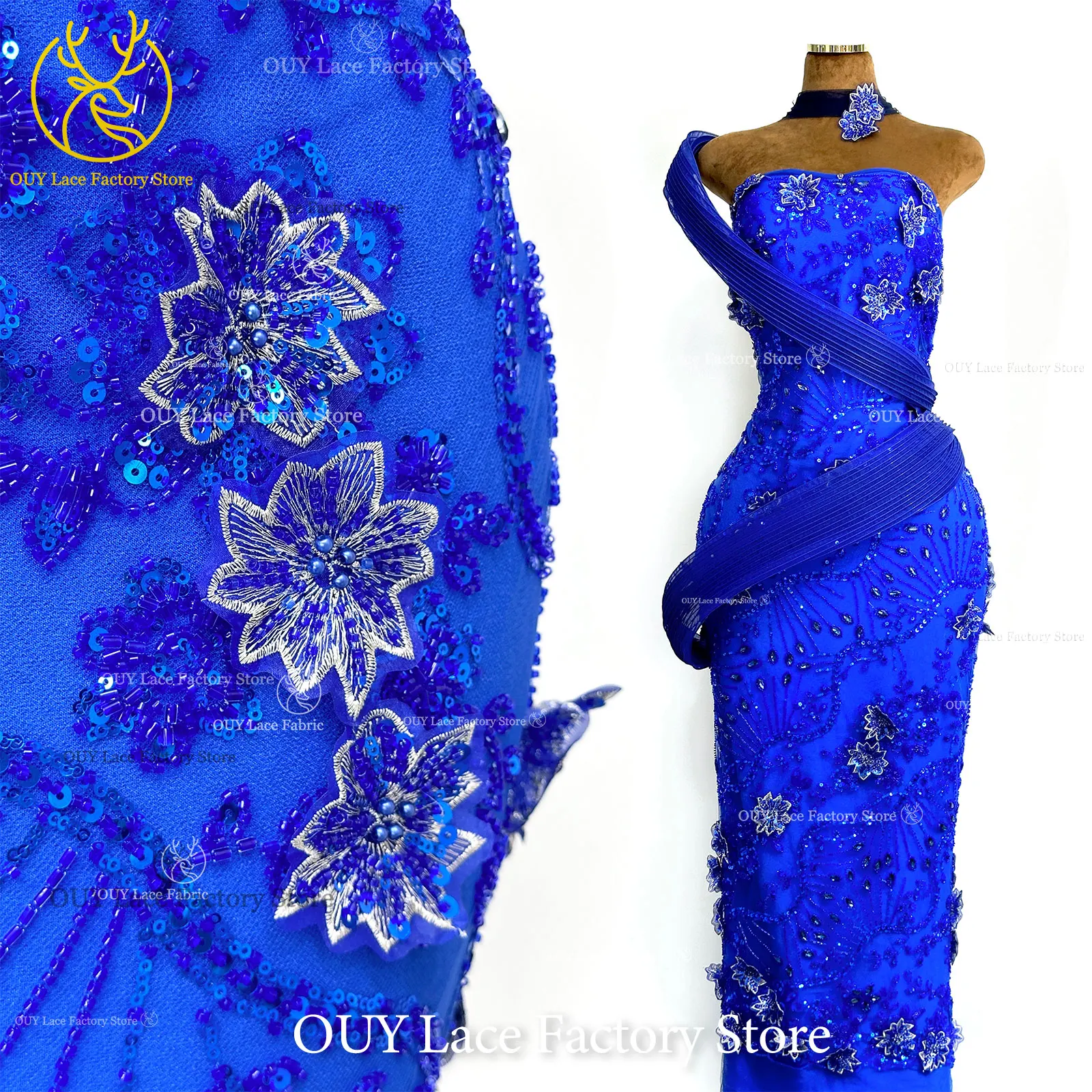 Luxuriöser königsblauer Hochzeits-Spitzenstoff, afrikanischer Perlen-Pailletten-Spitzenstoff, nigerianischer bestickter Mesh-Spitzenstoff für Hochzeitskleider – Detail 6