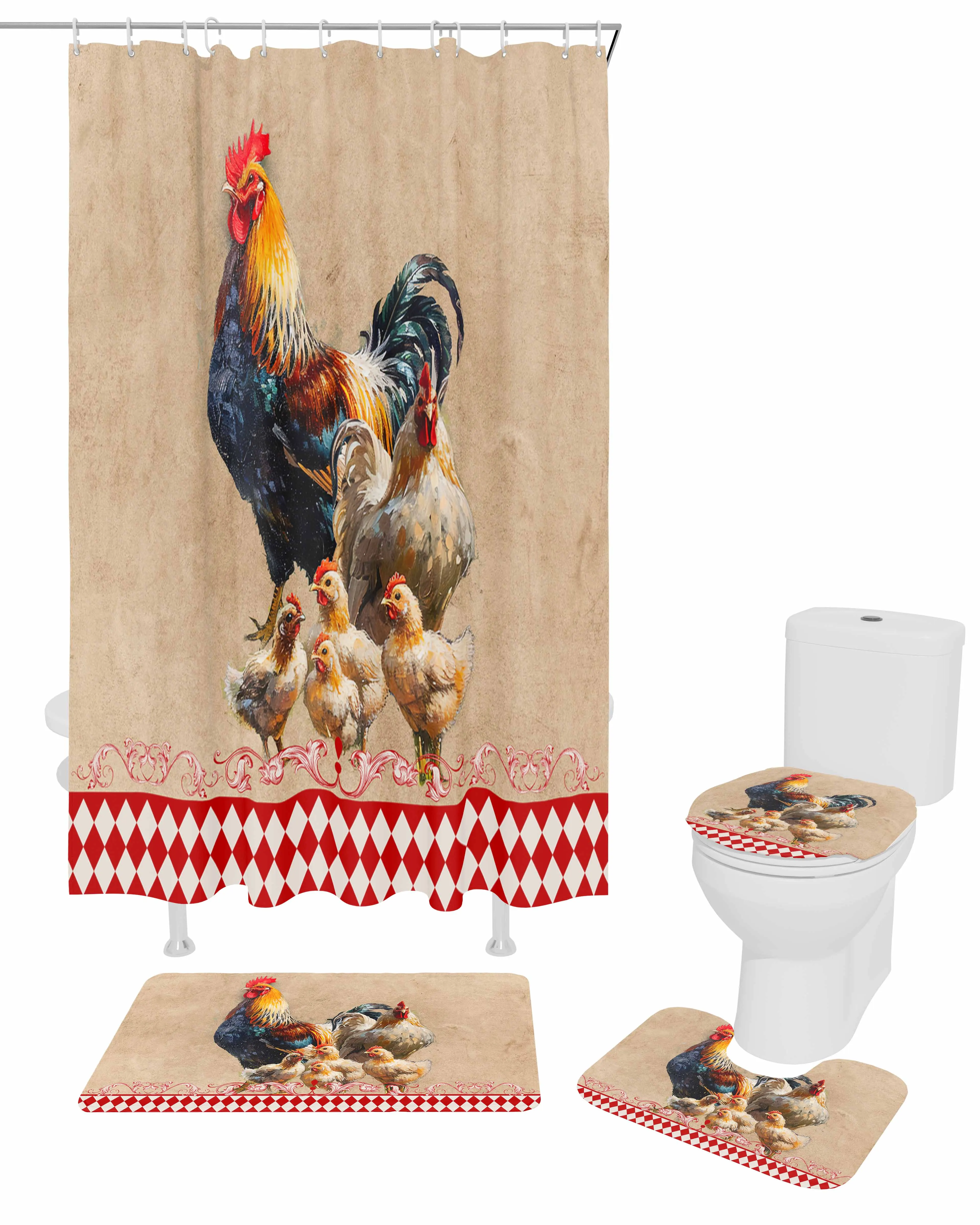 Retro Country Farm Rooster Hen Shower Curtain Set Non-Slip Rugs Bath Mat Toilet Lid Cover Waterproof Bathroom Curtain