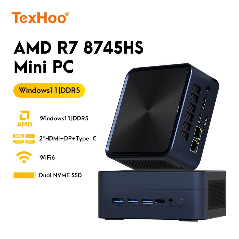 Mini PC Texhoo NucBox para Juegos, AMD Ryzen7 8745 7840HS, 16GB DDR5, SSD M.2 NVME, Compatible con Pantalla 4K HDMI/WiFi6/USB3.2/Office