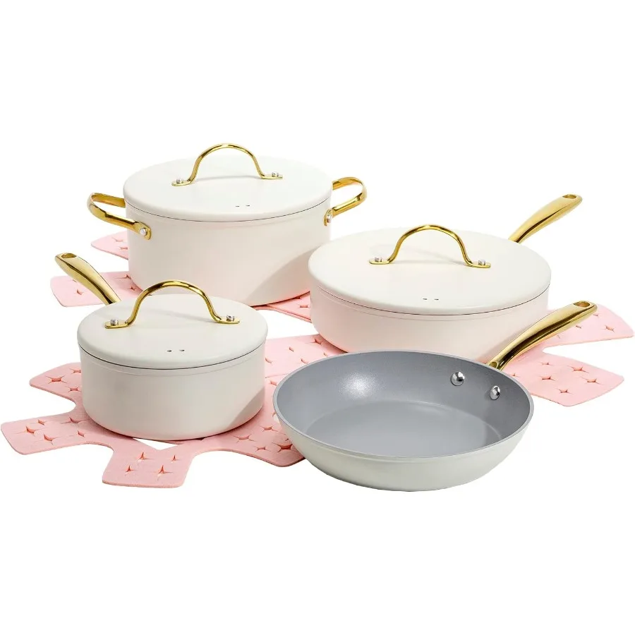 

10Piece Cream Nonstick Cookware Set with MultiLayer Nonstick Coating Matching Lids and Gold Handles Ideal for Everyday Cooking