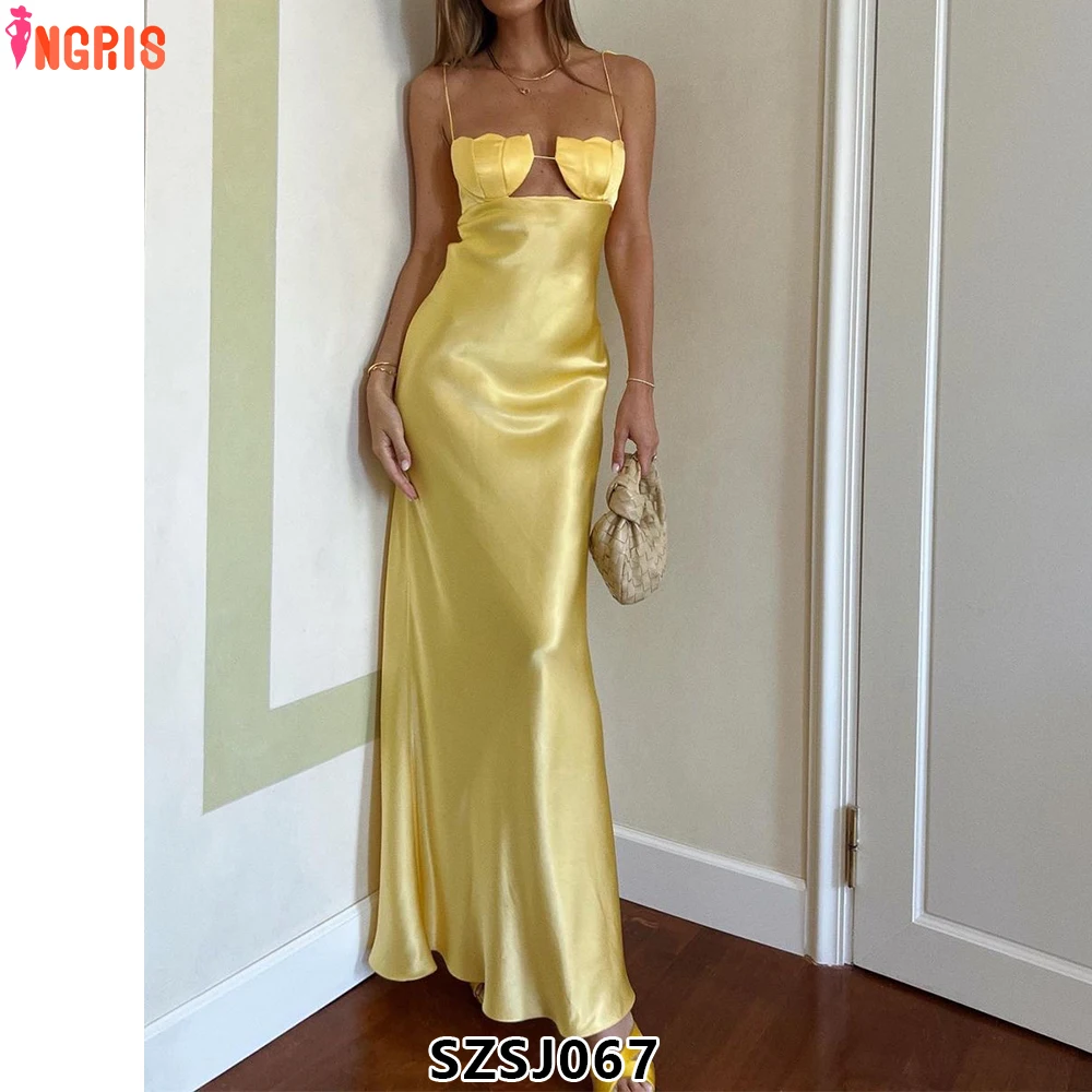 

2025 Summer Women's Backless Sleeveless Lace-up Hollow Ladies Robe Sexy Satin Tube Top Suspender Dress-SZSJ067