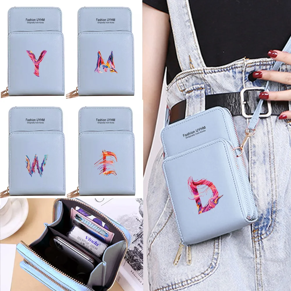 

Women Shoulder Bag Pu Leather Wallets Card Pack Touch Screen Mobile Phone Bags Female Cell Phone Purse Paint 26 Letter Money Bag