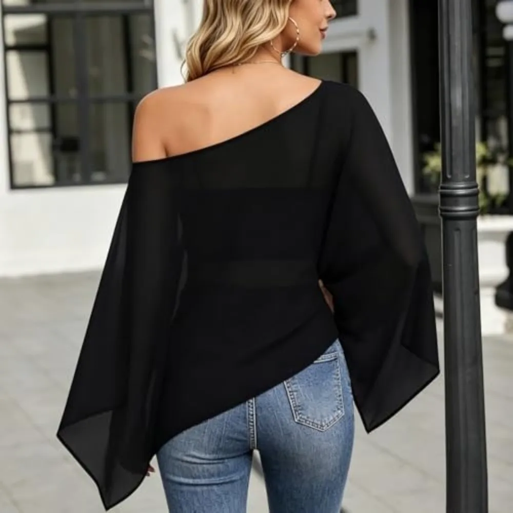 Wrinkle-Resistant Fabric Sun Protection Cover Up Asymmetrical Pointed Wide Open Chiffon Tops Lightweight Loose Flowing