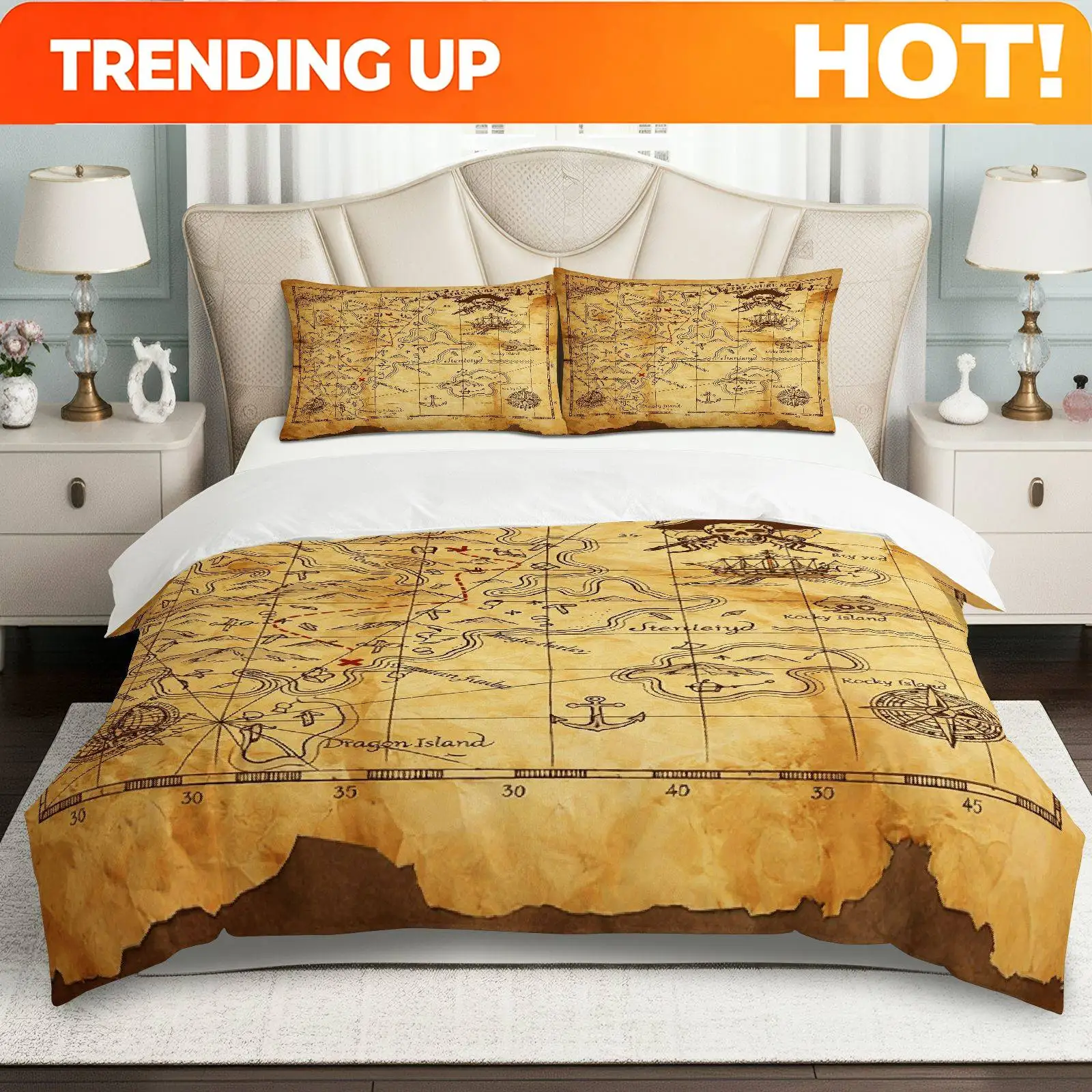 Customize 3pcs Duvet Cover Set, 1 Duvet+2 Pillowcases( Without Filler), Vintage Treasure Map Nautical Explorer Adventure Theme,