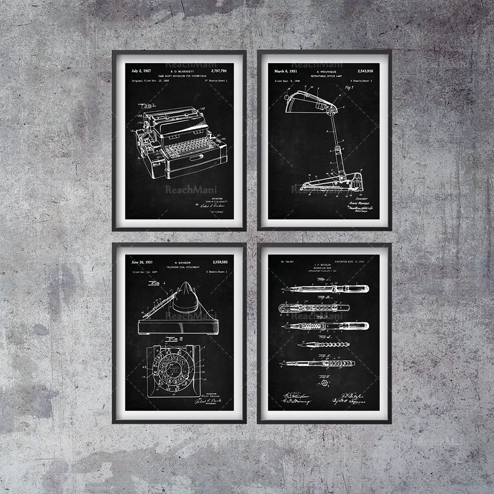 Office Patent Prints Set of 4, Accountancy Poster, Office Art, Business Management, Fountain Pen, Typewriter, Office Lamp