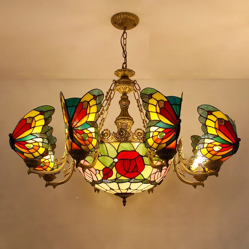 

DORIAN Tiffany Butterfly Chandelier American Living Room Restaurant Bedroom Villa Hotel Cafe Bar KTV Color Glass Pendant Light