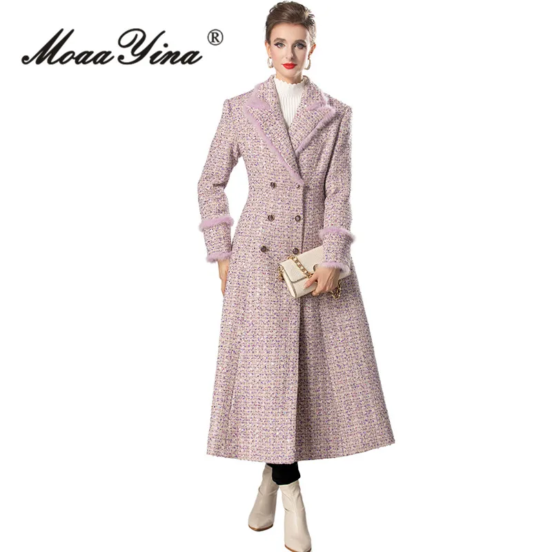 MoaaYina Fashion Designer Autumn and Winter Women\'s Coat Long-Sleeved Double breasted Streetwear Pink Plaid S-3XL Overcoat