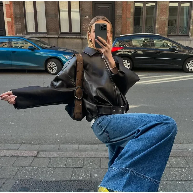 Chaquetas Bomber de cuero PU Vintage para mujer, abrigo de bolsillo de manga larga con solapa y cremallera, ropa informal suelta con cinturón, otoño 2025