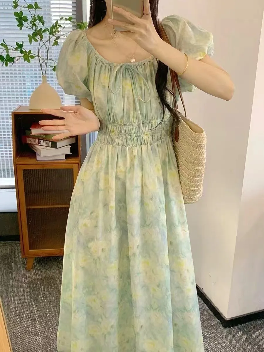 

4Colors Sweet Floral Women Dresses Korean Fashion Vintage Chic Long Dress A-line Summer 2025 Elegant Vestidos Mujer (SE8181