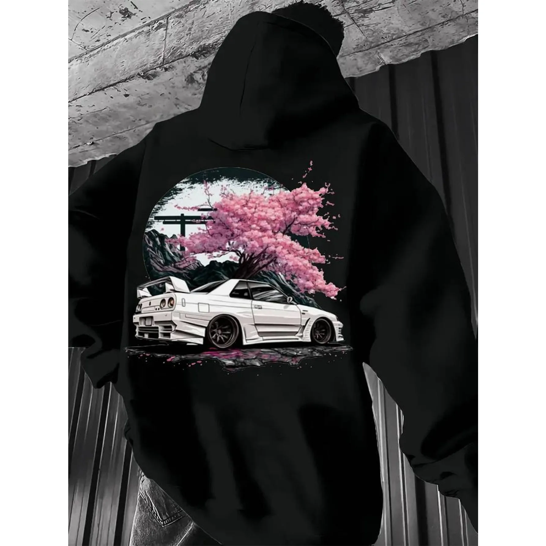 Japanischer Herbst-/Winter-Kapuzenpullover für Herren mit Auto- und Kirschblütenmuster für Street Fashion Trend Casual Wear