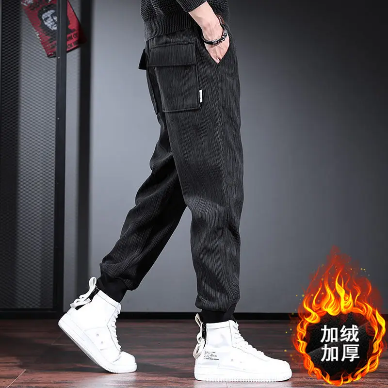 남성용 트렌디 루즈 플러스 벨벳 와이드 레그 타이 타이 피트 하이 엔드 및 캐주얼 두꺼운 코듀로이 바지