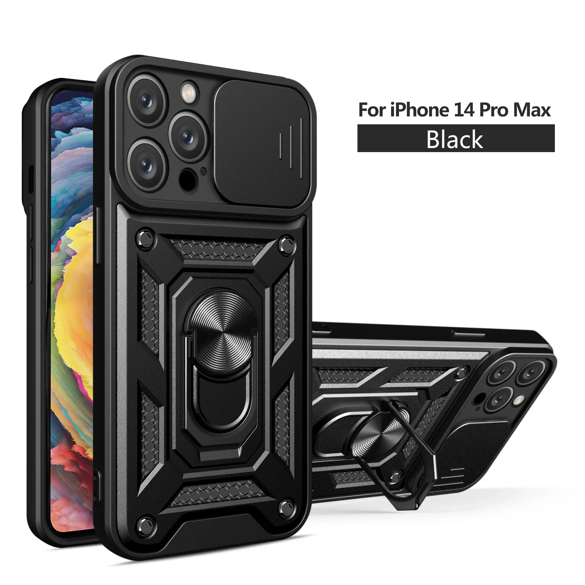 Magnetic Shockproof Case For Iphone15 14 13 12 11 Pro Max With Ring Stand Slide Lens Protection Phone Cover For Iphone XS XR Max