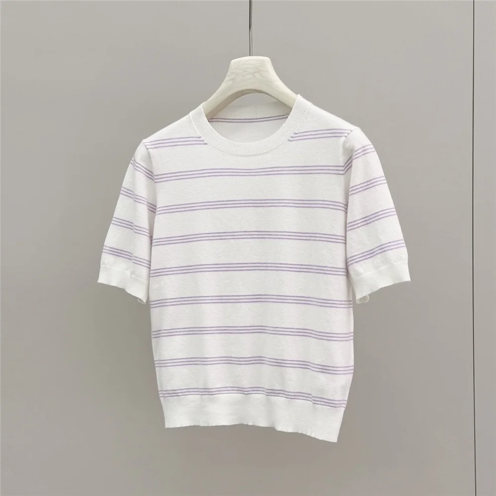 

Summer 2026 Women's Casual Versatile Short-Sleeve T-Shirt Simple Striped Knit Top