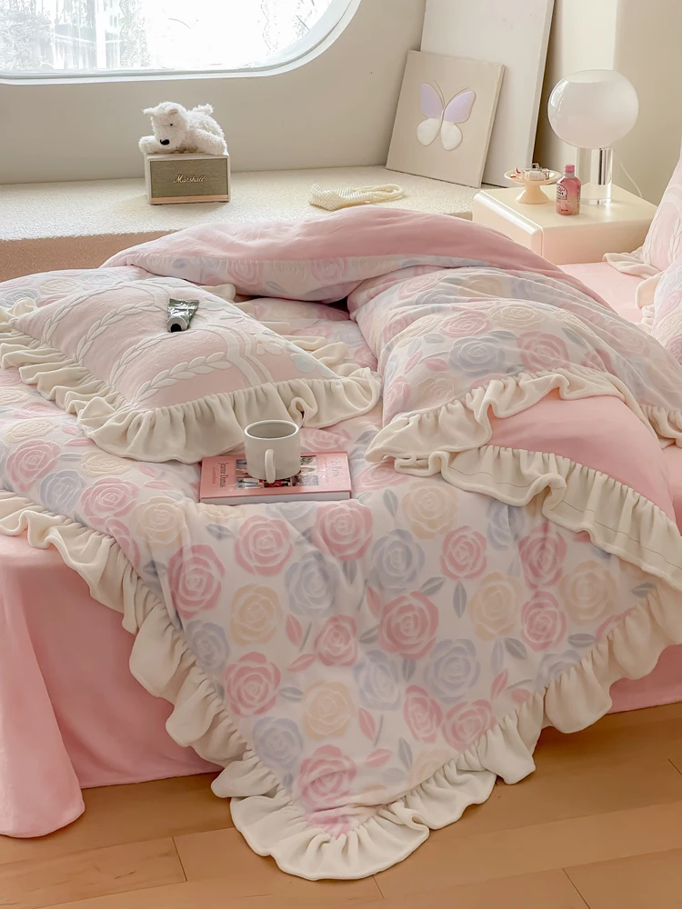 Imagem -06 - Rose Velvet Cama Conjunto com Renda Babados Capa de Edredão Conjuntos de Consolador Leite Macio Inverno Romântico Lençol Eldense Novo