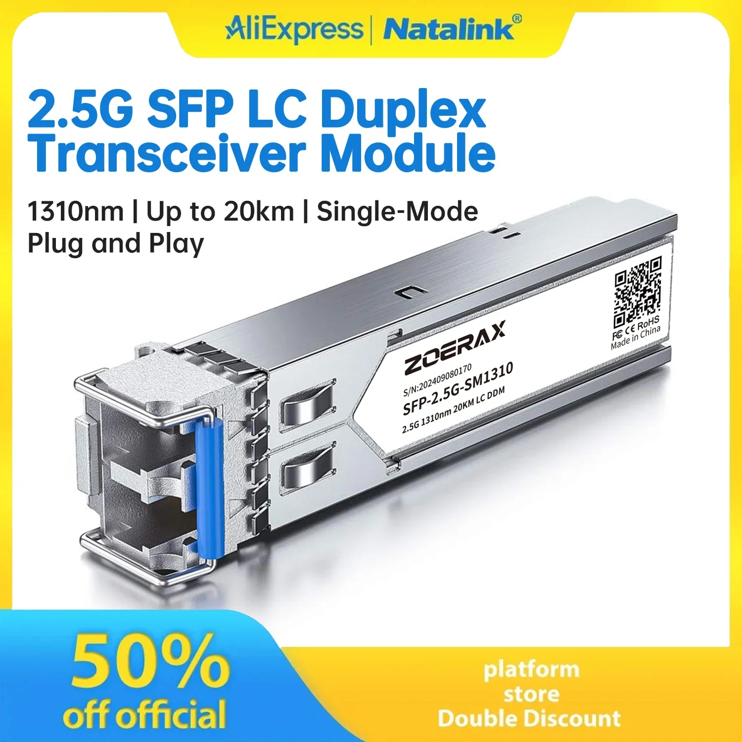 

Natalink 2.5G SFP Single-Mode Optical Transceiver Module 1310nm 20km LC Duplex DDM Compatible with Cisco TP-Link