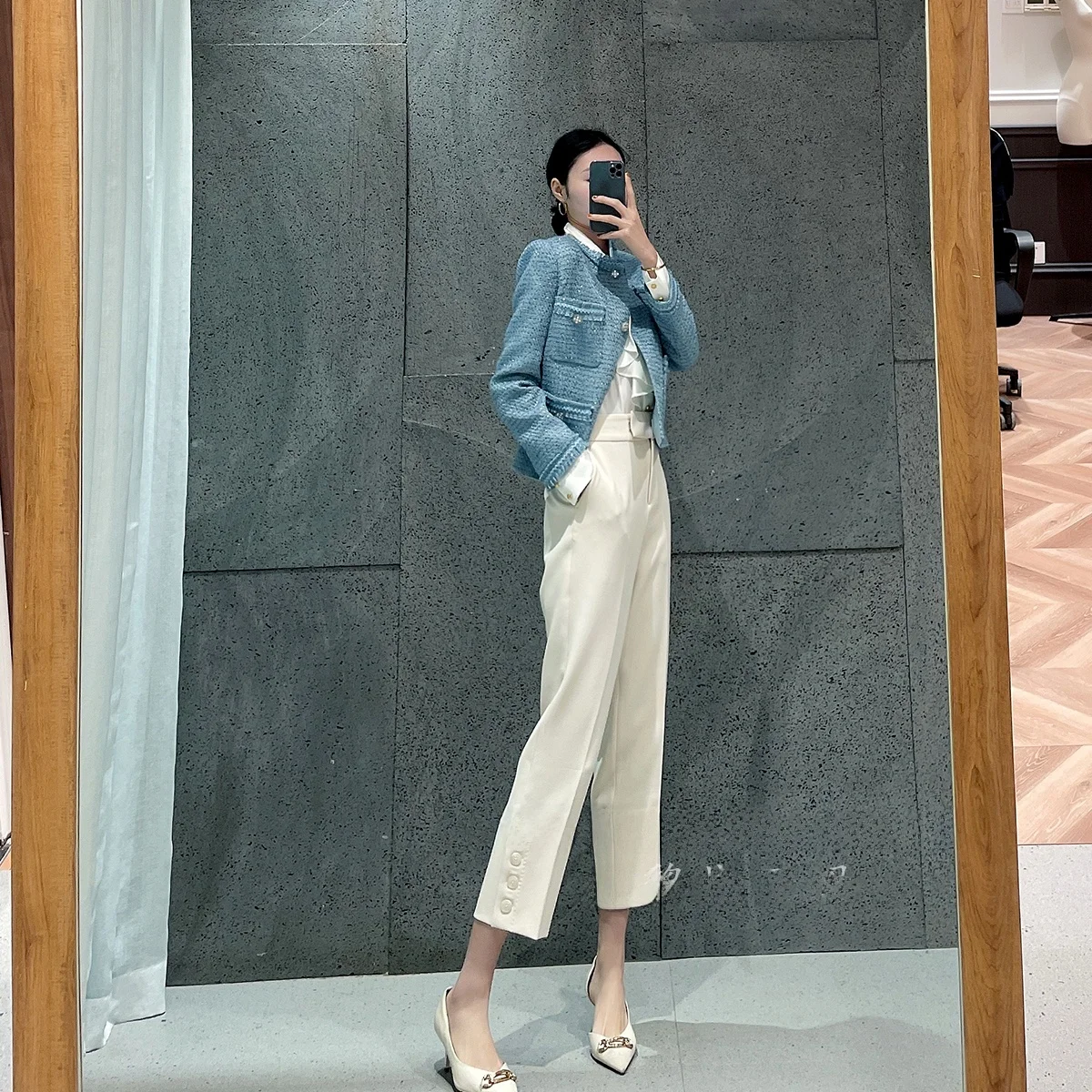 

High Waist Straight Leg Pants Slimming Hip Covering Nine Points Versatile Casual Trousers for Women Autumn Season Faion