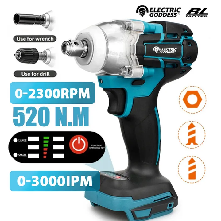 Electric Goddess DTW285 520N.m High Torque Brushless Electric Impact Wrench 1/2 & 1/4 Inch Compatible For 18V Makita  Battery