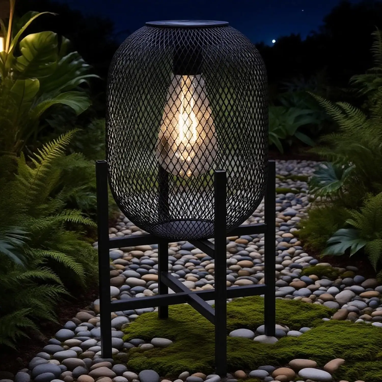 

Solar Mesh Lantern 13.8' Black Metal Outdoor Light with Edison Bulb, Solar-Powered LED Warm Glow, IP65 Waterproof for Garden, Po