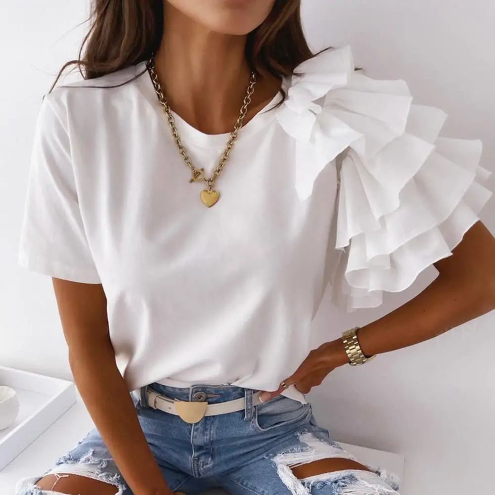 

Elegant Layered Ruffle Sleeve O Neck T-shirt For Women Summer Casual Solid Color Blouse Fashion Youth Female Tops Women Clothes