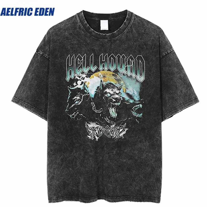 

Aelfric Eden Hip Hop Streetwear Washed T Shirt Lightning Hound Print T-Shirt Harajuku Cotton Casual Tshirt Short Sleeve Top Tees