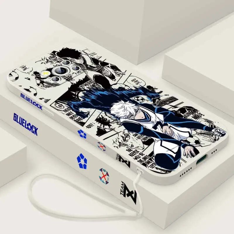 BLUE LOCK Football Anime para Samsung A36 A56 A73 A72 A71 A70 A60 A55 54 53 52 42 35 33 32 A04 funda de teléfono con cuerda izquierda líquida