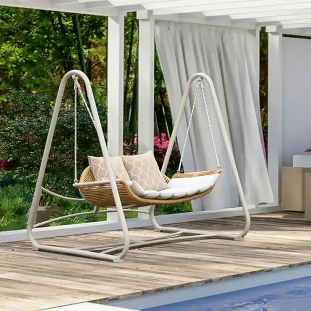

Outdoor Patio Swing Chair 2-Seat Hanging Cushioned Rattan Swing Weatherproof Sturdy Frame Ultimate Comfort Porch Backyard Garden
