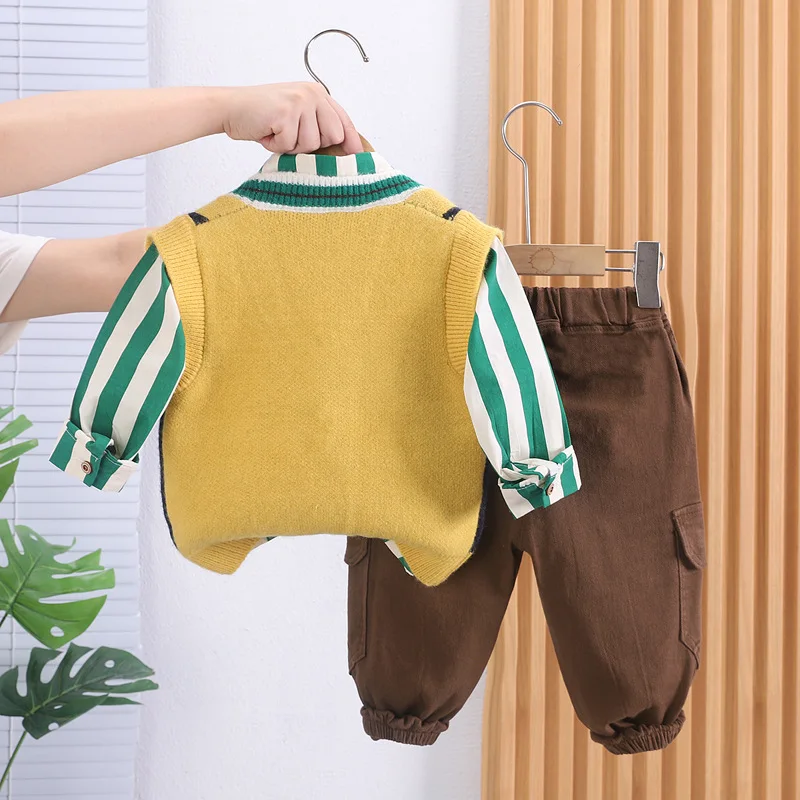 Korean Baby Boy Outfit Set Spring Autumn Vertical Striped Cardigan Knitted Vest + Shirts + Pants Kids Designer Luxury Clothes