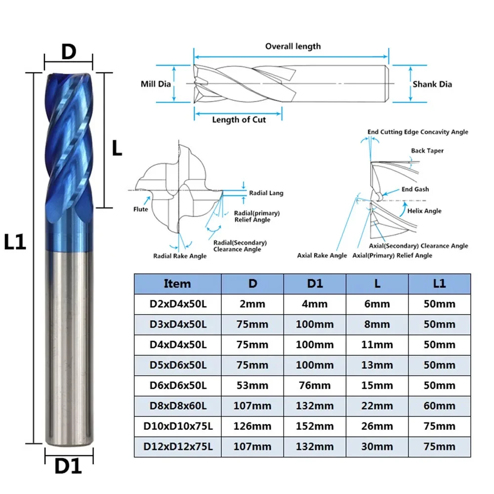 8pcs 2-12mm nano blue coated carbide hrc milling cutter 50 cnc router bit 4 flute spiral end     tools