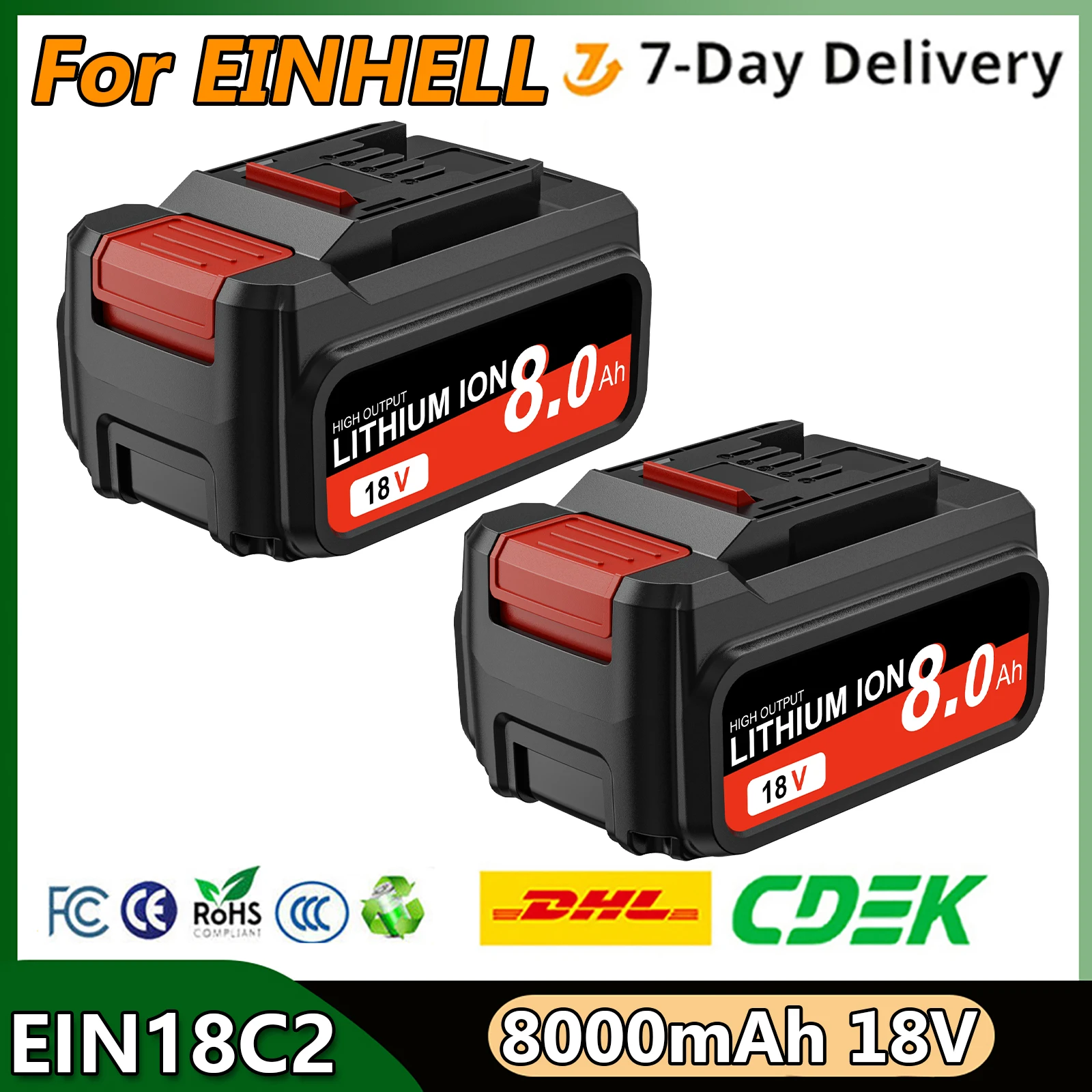 Аккумулятор литий-ионный перезаряжаемый EINHELL EIN18C2 18В 8000мАч для Power X-Change PX-BAT4 PX-BAT52 4511396 4511437 AXXIO GE-LC 18 Li
