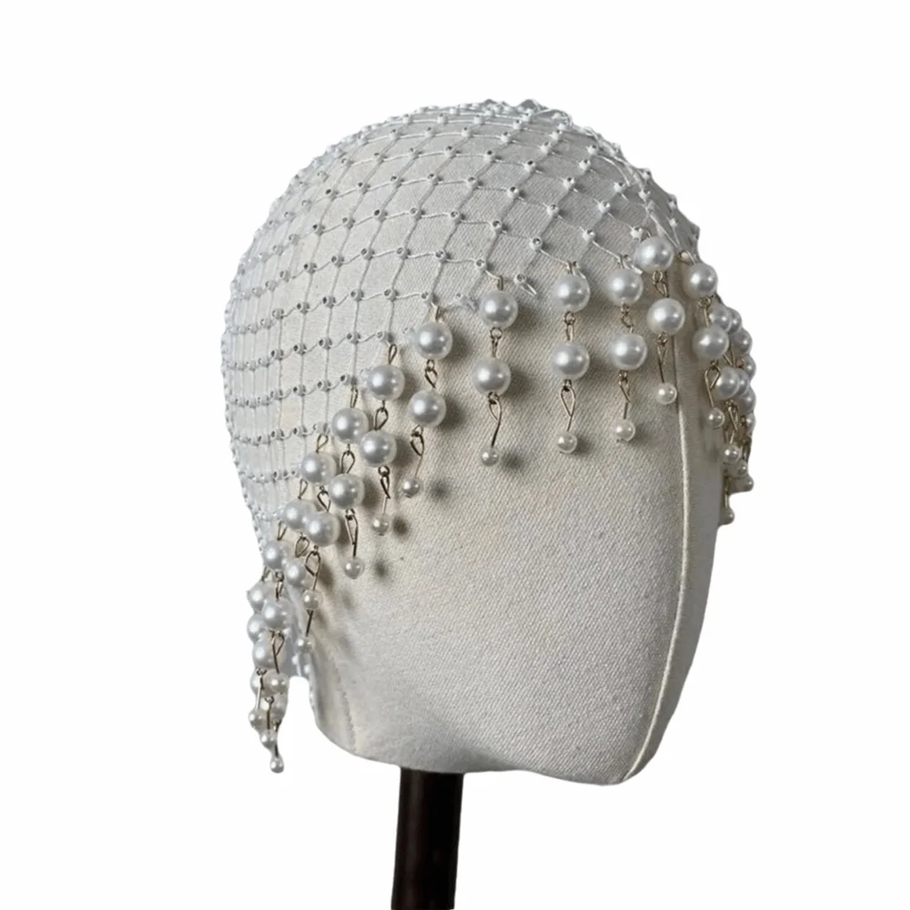 Exquisite Elegant Pearl Tassel Hair Hat Hollow Out Fishnet Mesh Pearl Weave Hat Soft Beanies Handmade Pearl Hat Women Ladies