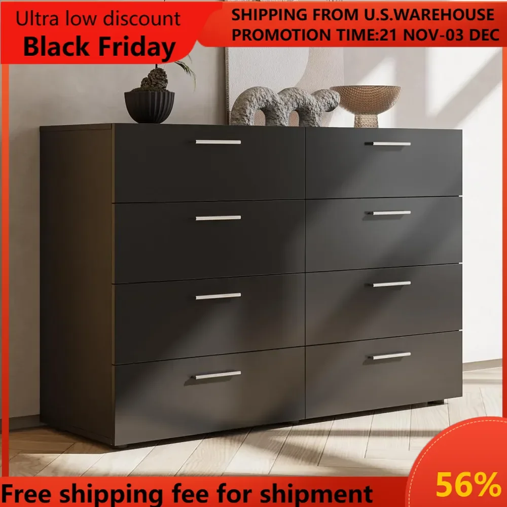 

Black Dresser for Bedroom, Wood 8 Drawer Dresser Chest of Drawers, 55 Inch Dressers Bedroom Furniture, Large Dressers St