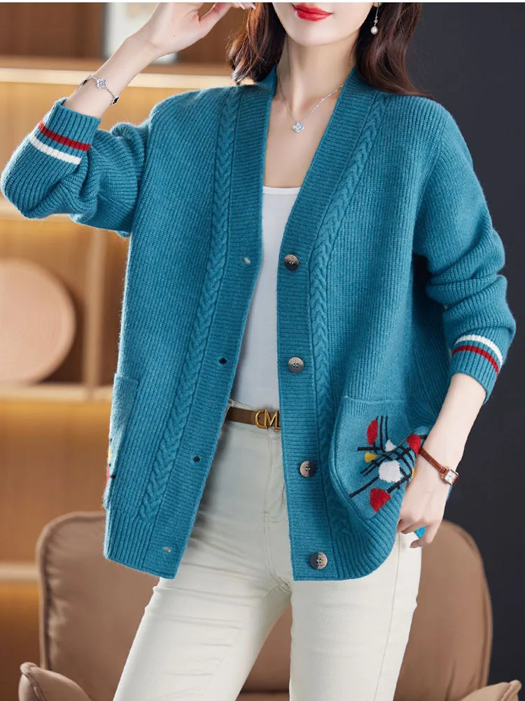 Moda damska sweter rozpinany koreańska odzież jesienno-zimowa kurtka kieszenie z dekoltem w kształcie litery V wszechstronne Casual z długim rękawem płaszcze z dzianiny