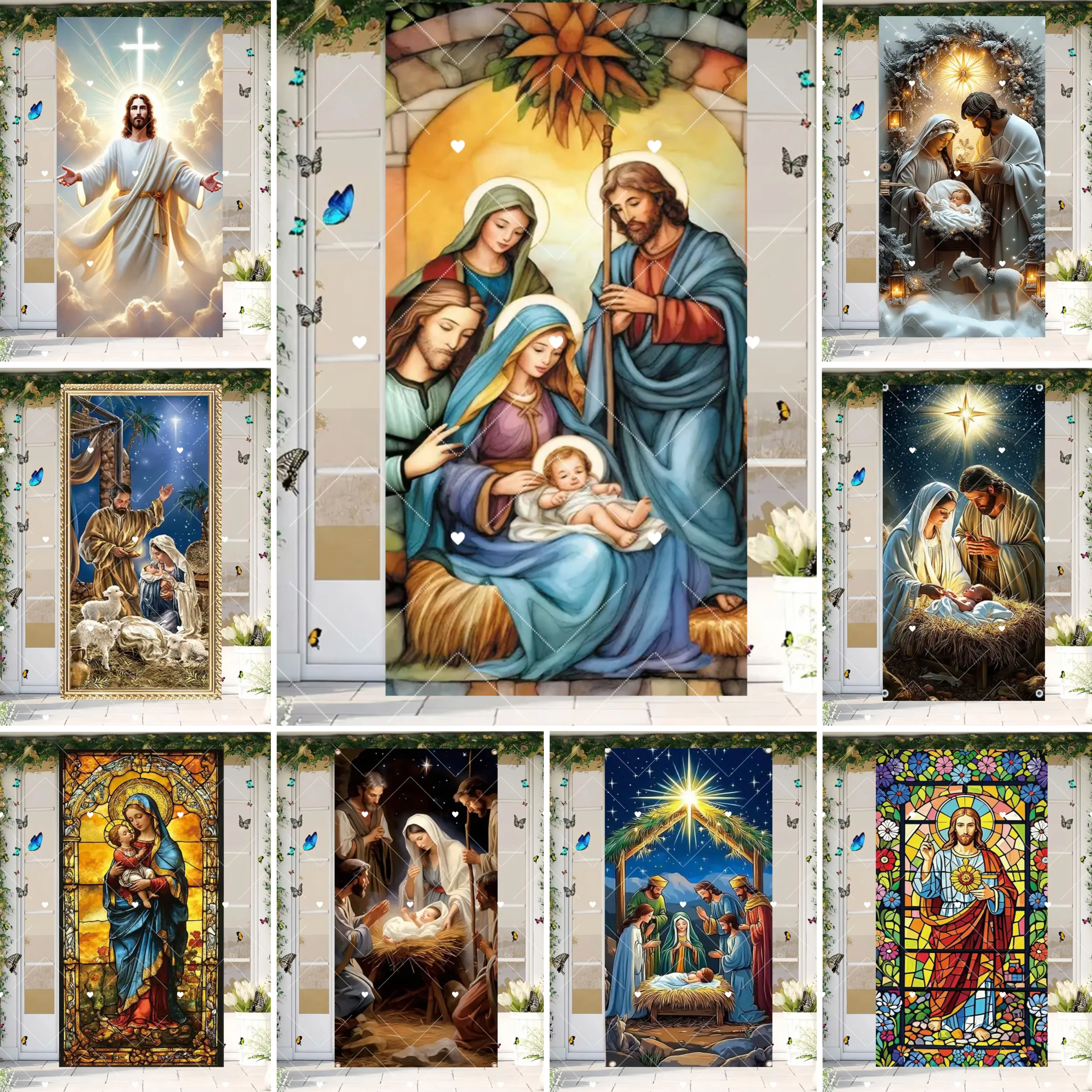 

Christmas Scene Starry Night Background Our Lady of Jesus Religious Trough Scene Banner Multi Functional Festival Decor Backdrop